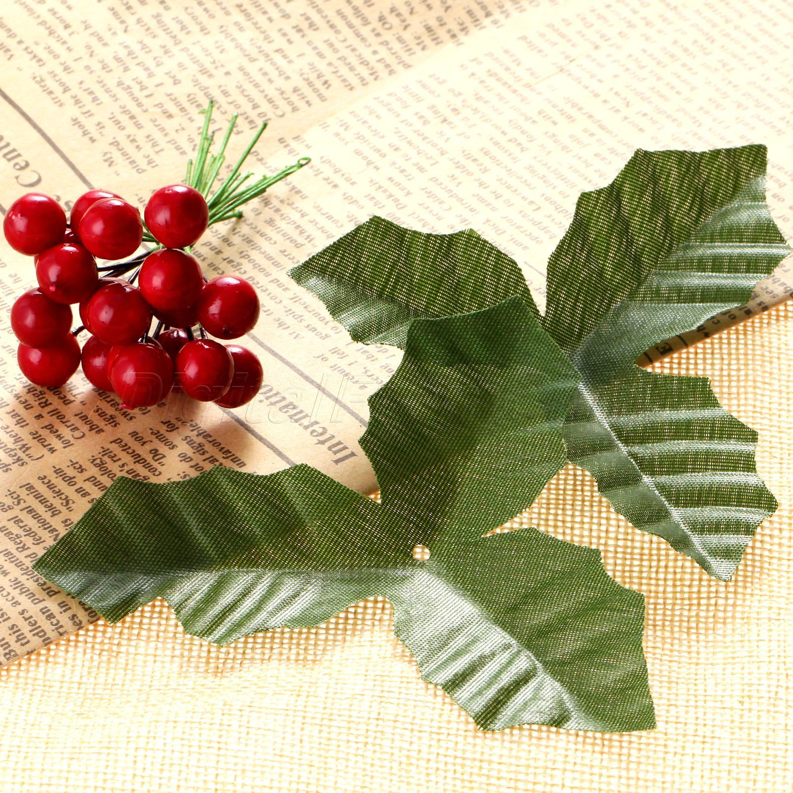 Green Flower Leaves & 50x Artificial Red Holly Berries Garden Wedding Home Decor