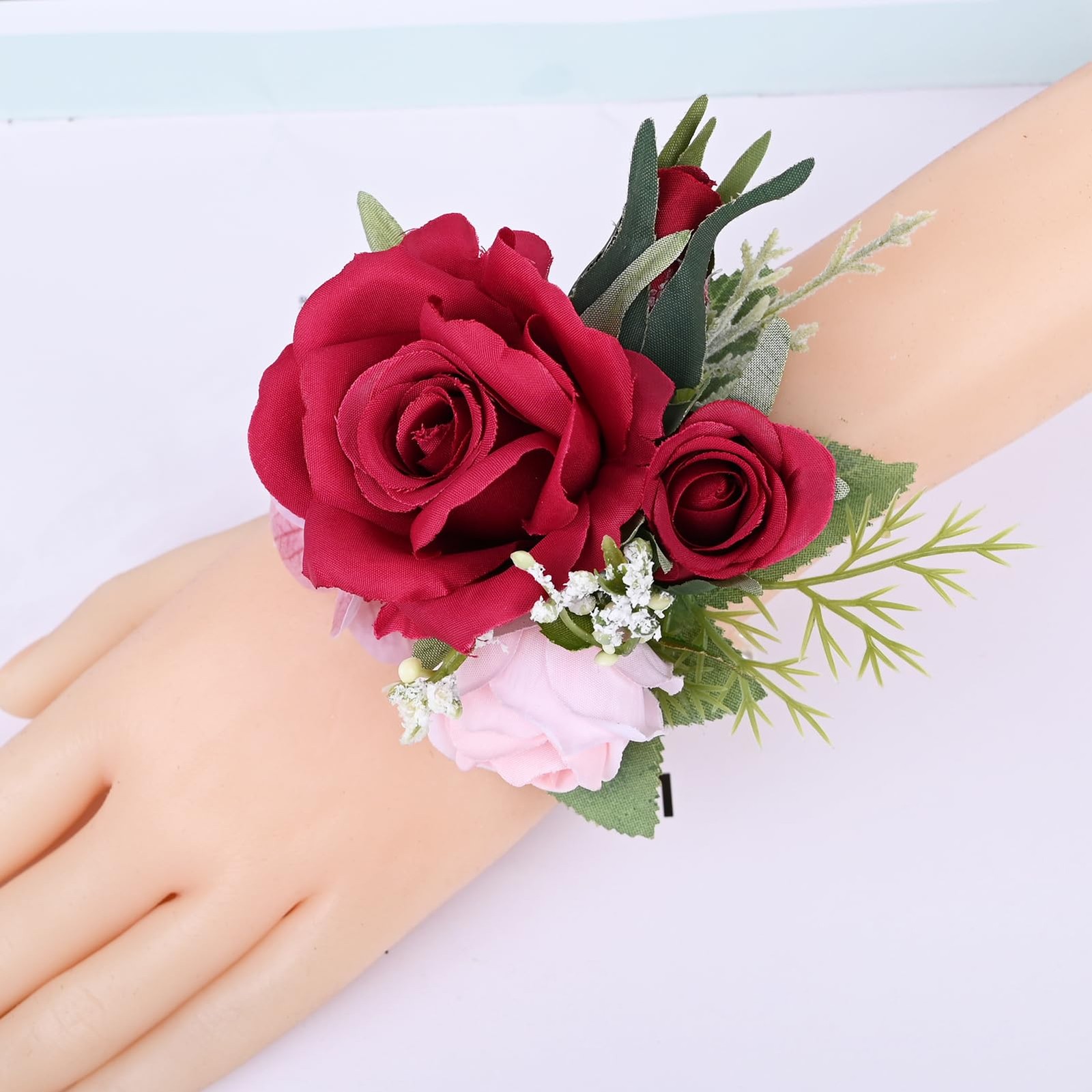 2 PCS Boutonniere Wrist Corsage Set Artificial Rose Men Women Red Pink Decor