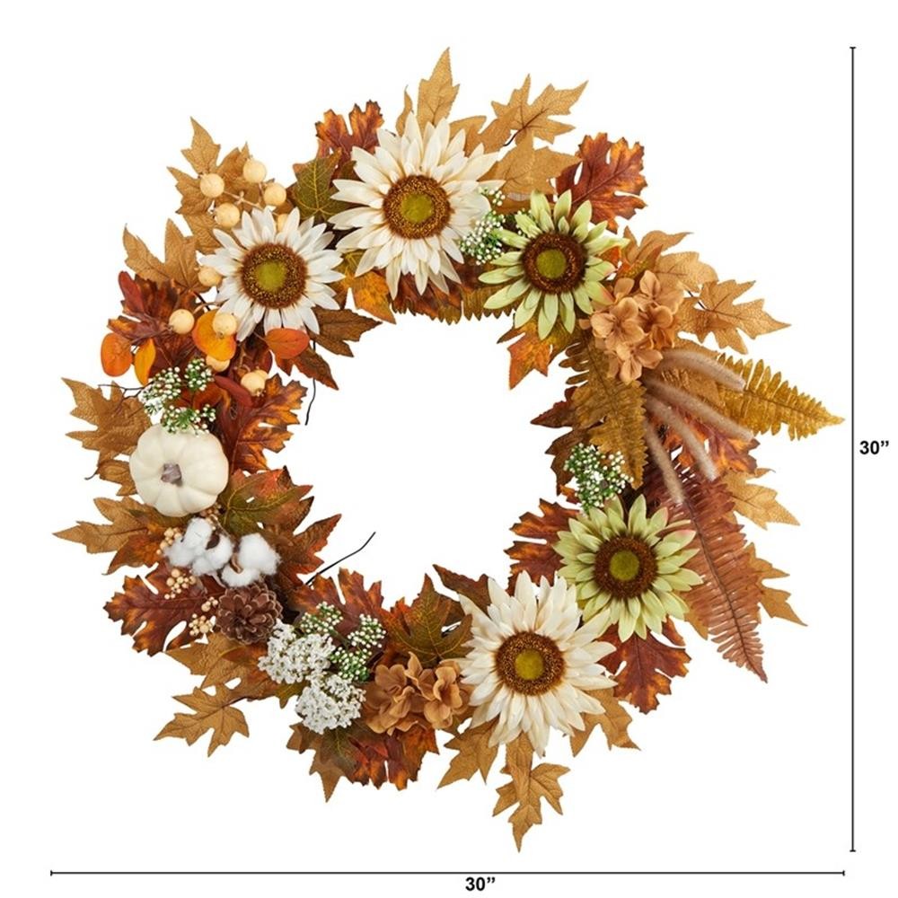 Pemberly Row 30″ Autumn Sunflower/White Pumpkin & Berries Artificial Fall Wreath