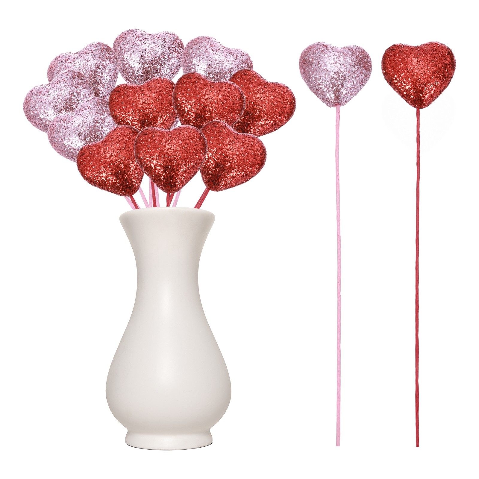 12 Pcs Glitter Heart Shaped Picks Puffy Foam Hearts Stick (Red/Pink, 4cm x 22cm)