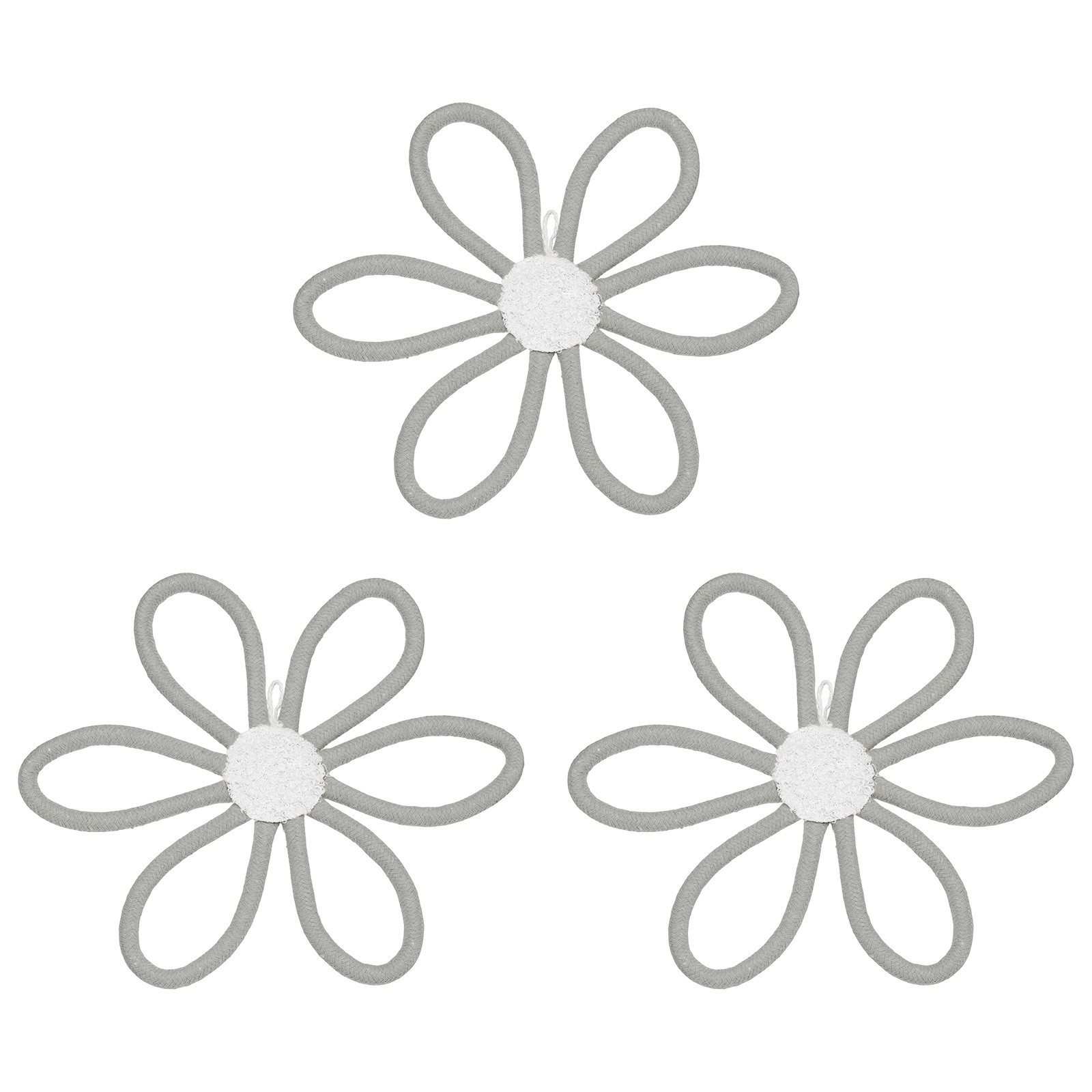 3Pcs Daisies Floral Wall Decor 10″ Flower Art Decor Woven Macrame Light Gray,