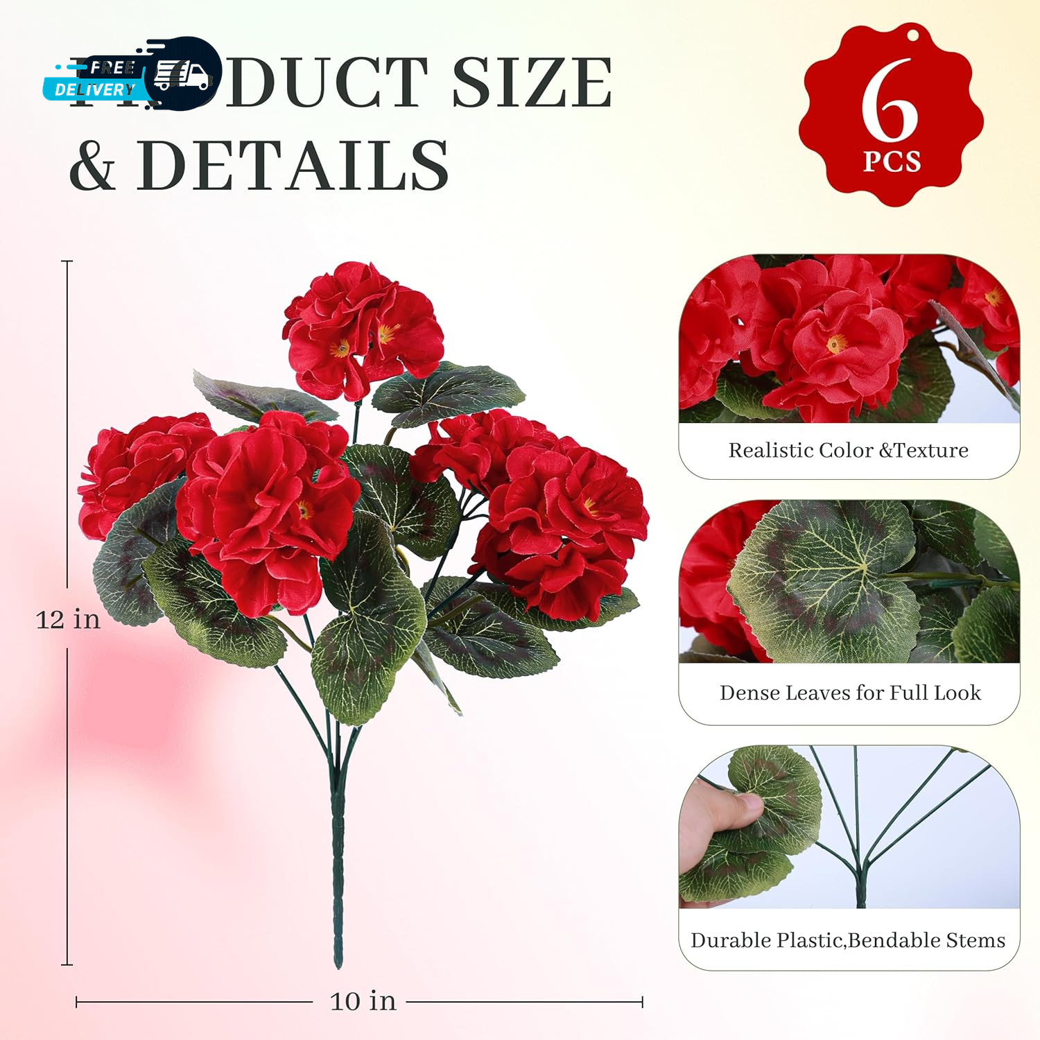 6 Pack Red Artificial Geraniums Flowers for Outdoors UV Resistant Faux Flowers.