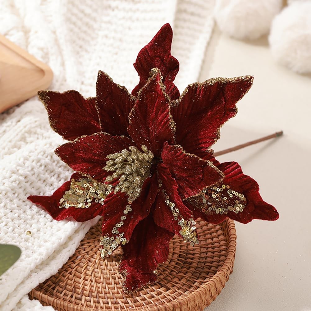 6 PCS Christmas Poinsettia Artificial Flowers Shining Glitter Burgundy