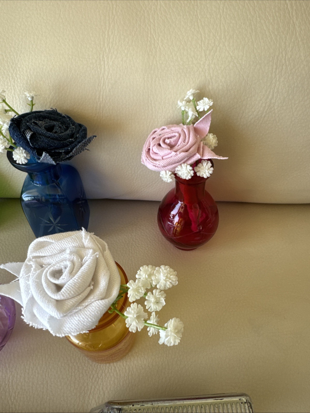 Five Small Upcycled 3 1/2” Vases With Coordinating Colors Handmade Denim Roses