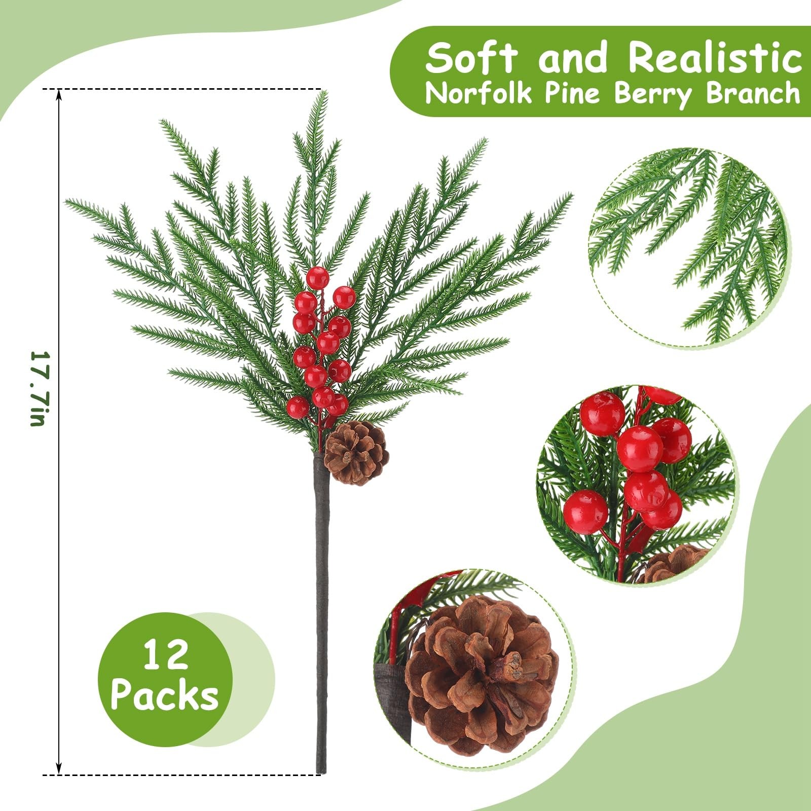 Riceshoot 12 Pcs Norfolk Pine Branches with Red Berries Pine Cones 17.7″ Green