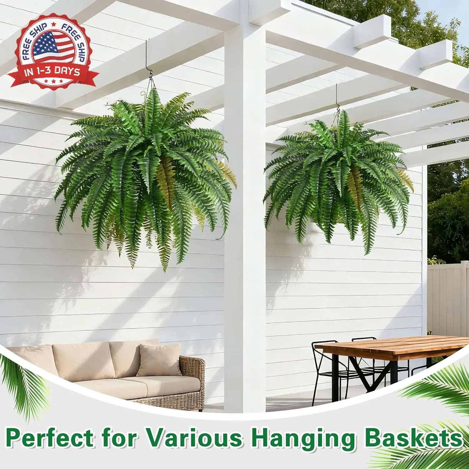 2PCS 45in Fake Ferns- Large Artificial Plants Outdoor, UV Resistant Artificial F