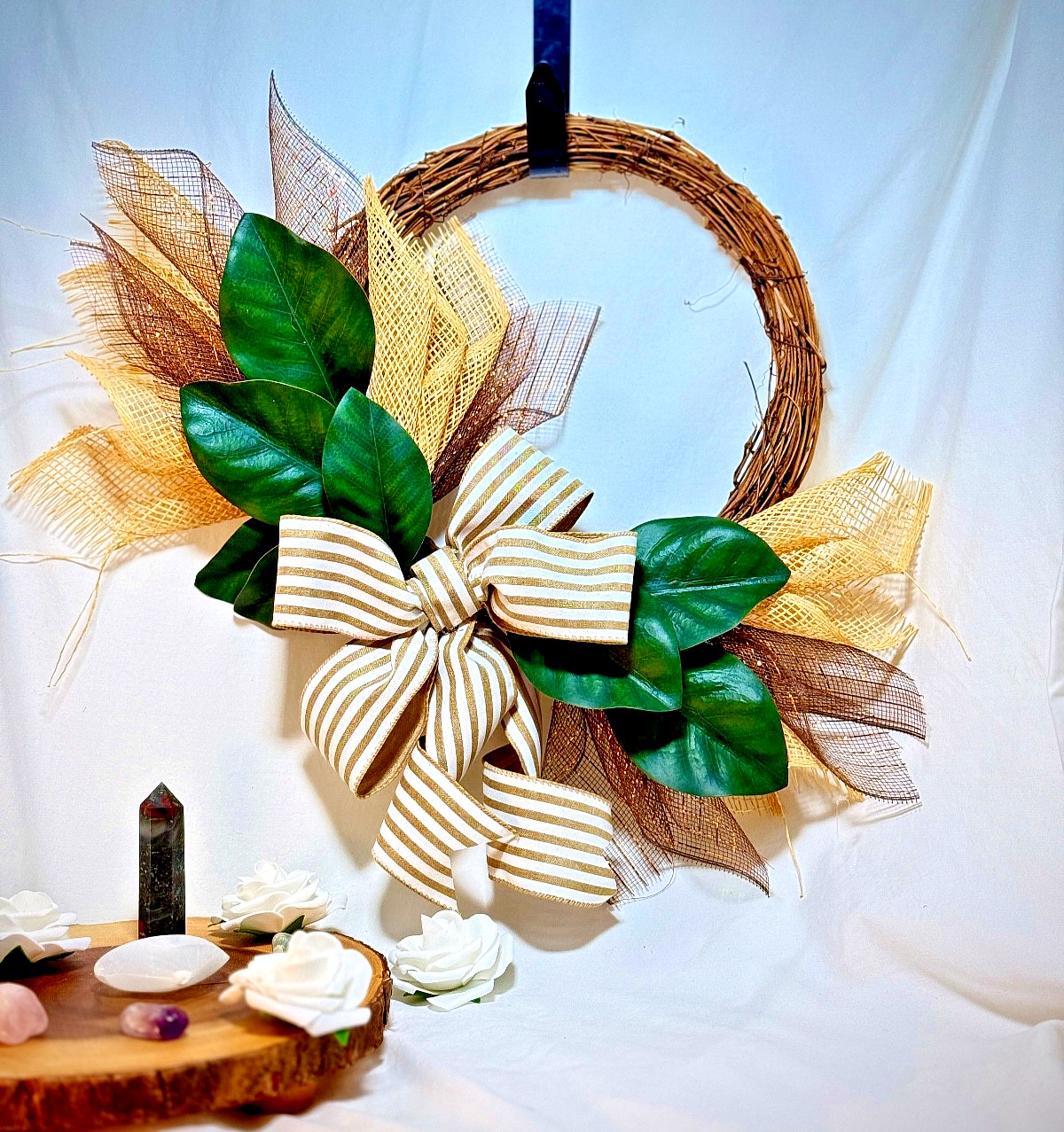 Rustic Grapevine Wreath – Farmhouse Home Decor – Modern Burlap Bow Door Hanger