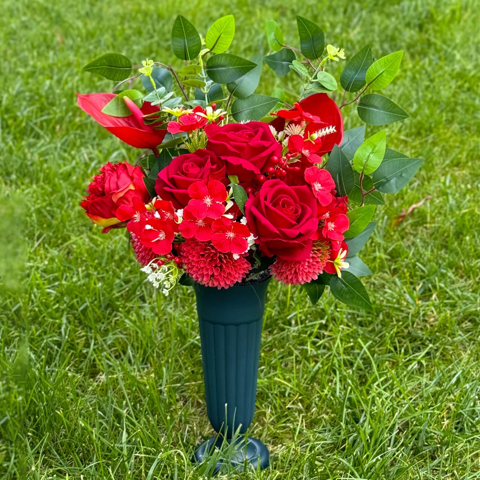 Artificial Cemetery Flowers Bouquet with Vase Grave Pre-Made Memorial Home Decor