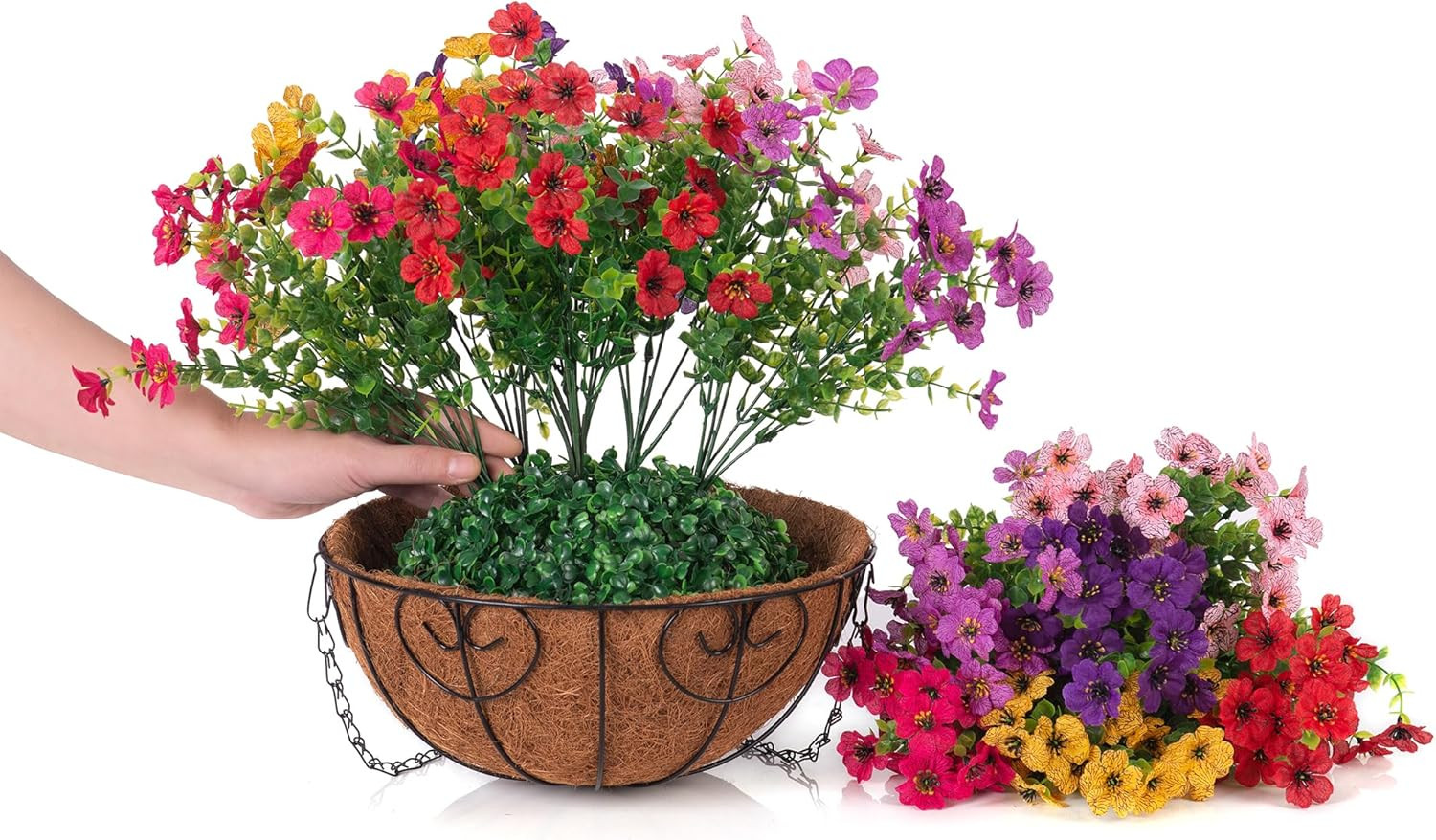 Artificial Fake Hanging Plants Flowers with Basket Outdoor Decor Faux Silk Dasiy