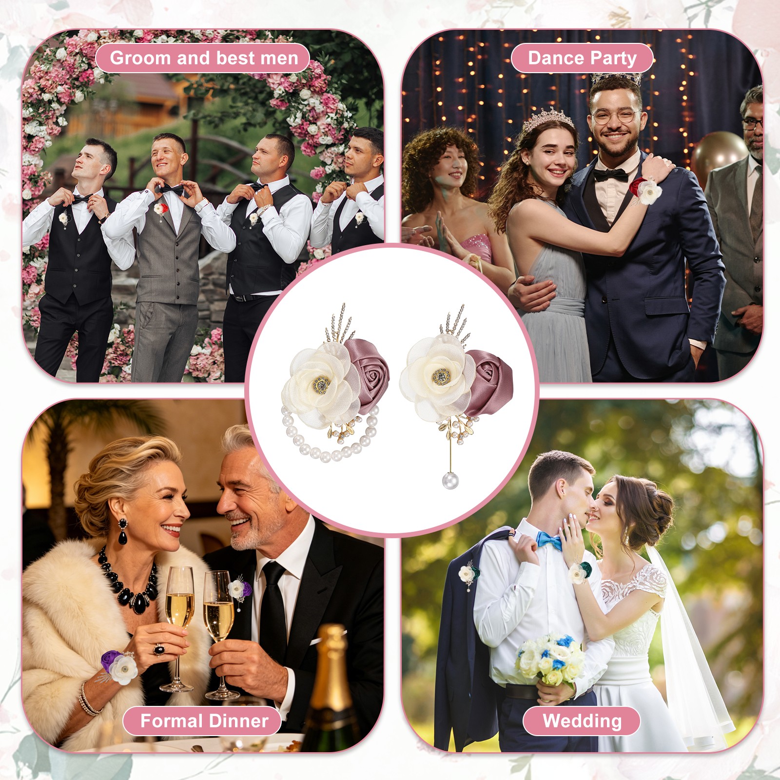 2 Sets Wrist Corsage and Boutonnieres Set for Wedding Groom Bride, Mauve
