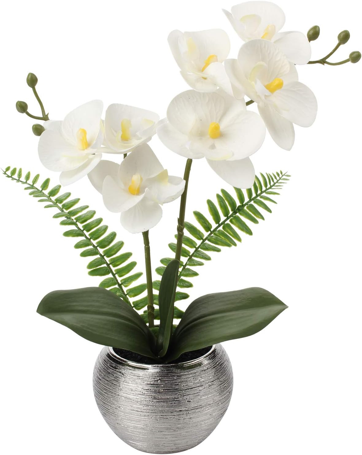 Artificial Orchid Flowers in Gold Ceramic Pot, 13″ Small White Faux Phalaenopsis