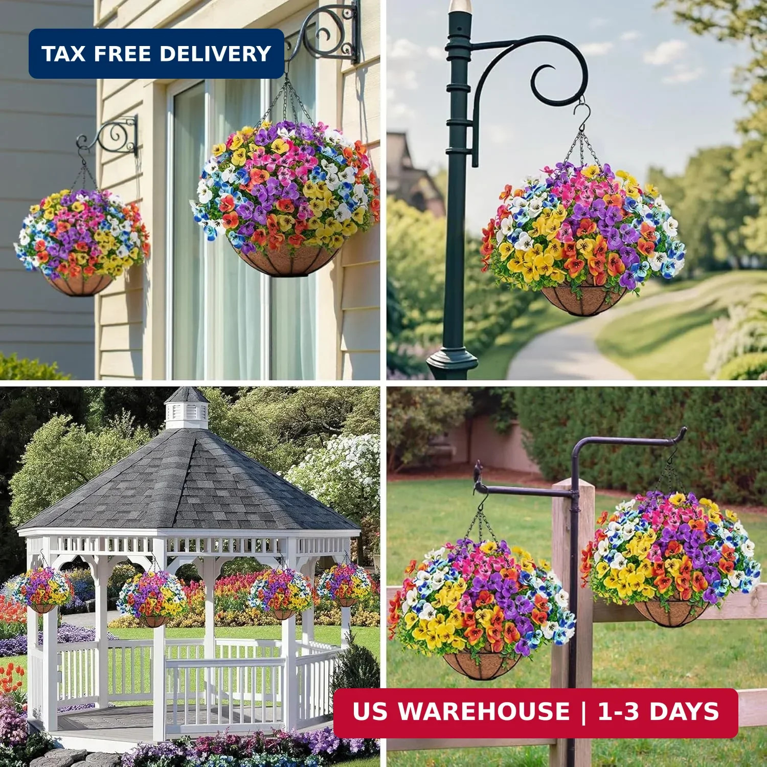 Artificial Hanging Flowers with Baskets for Outdoors, Fake Silk Pansy Flowers UV