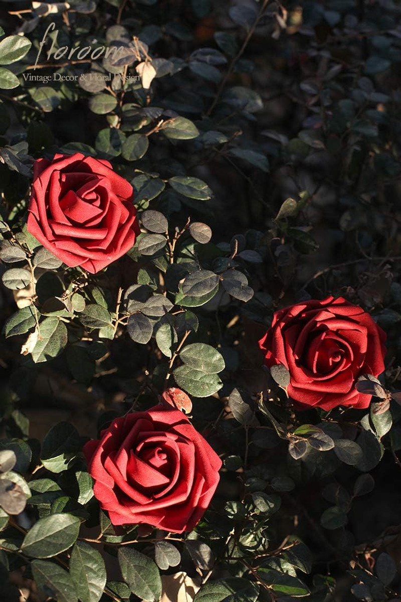 Artificial Flowers 25pcs Real Looking Dark Red Foam Fake Roses with Stems for DI