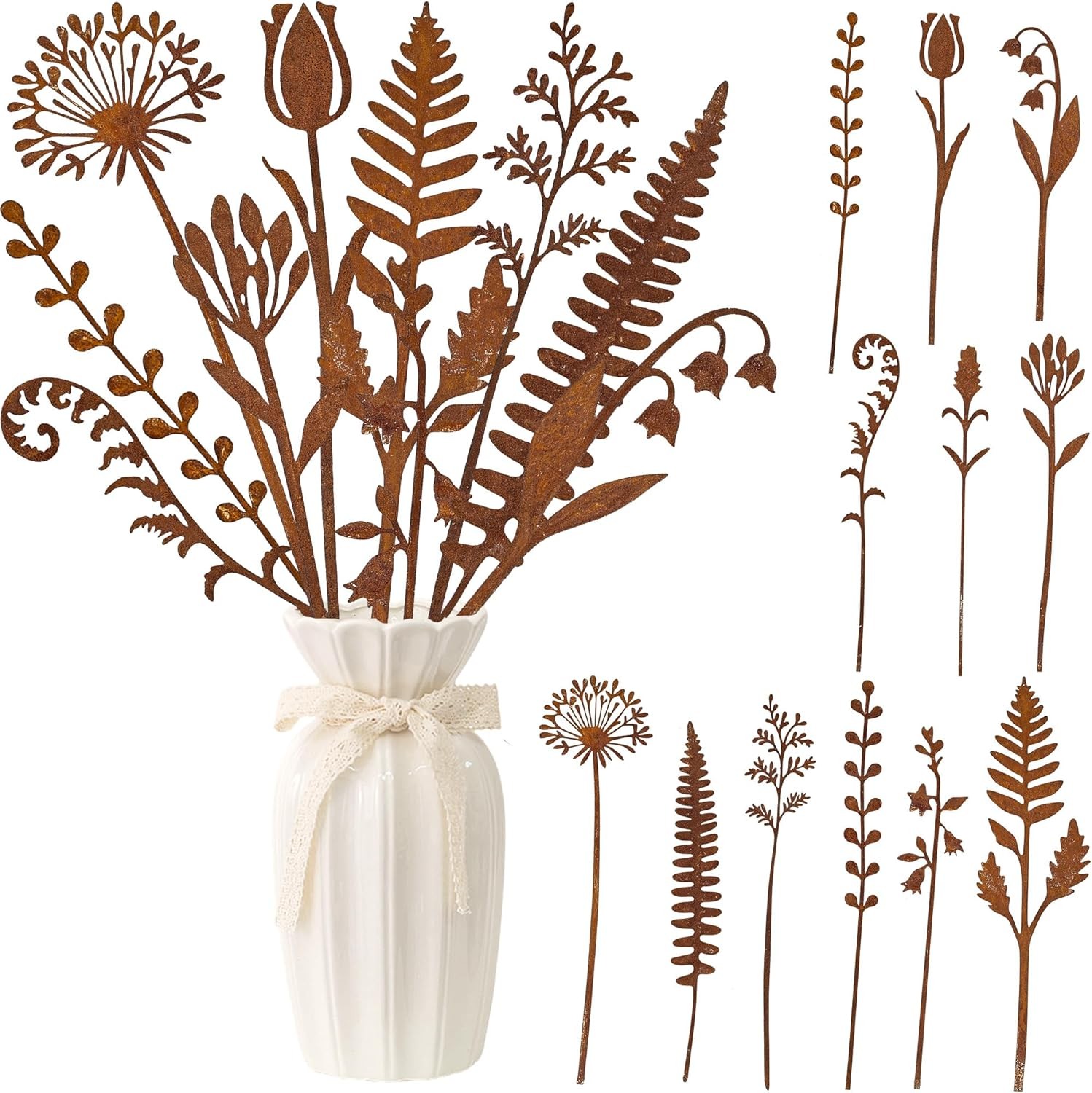 12 Pieces Rustic Metal Flowers & Plants Garden Stakes Rusty Plant Shaped