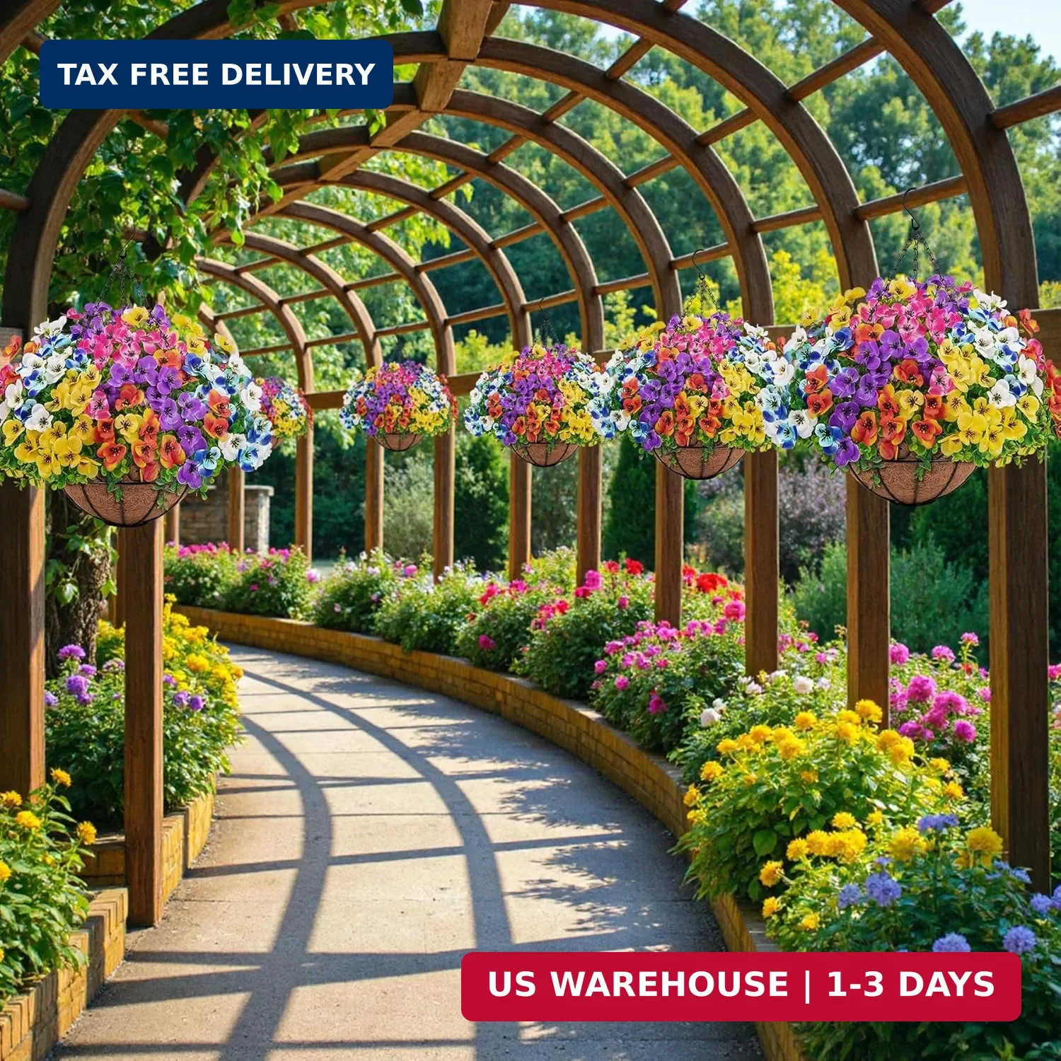 Artificial Hanging Flowers with Baskets for Outdoors, Fake Silk Pansy Flowers UV