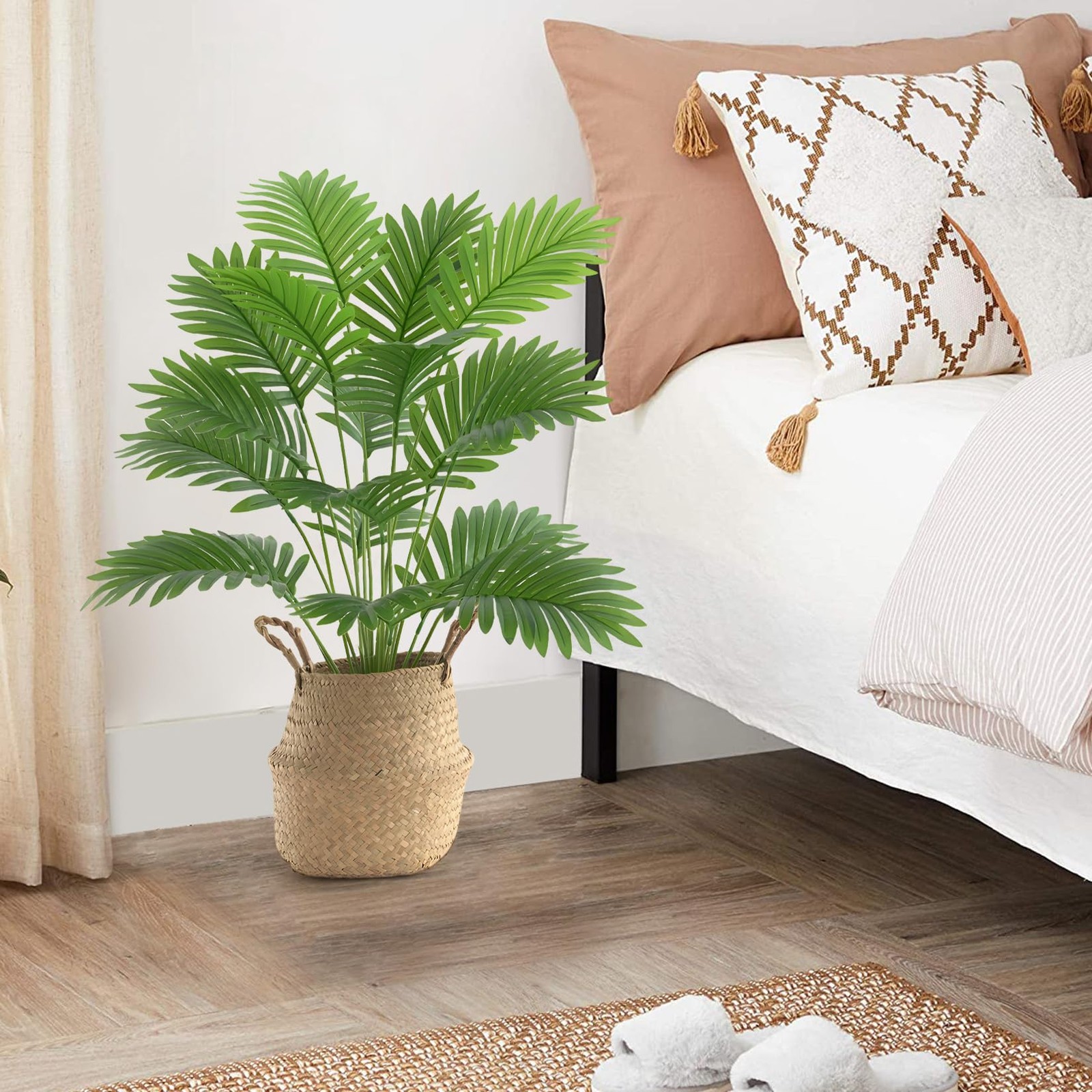 2 Pack Artificial Palm Tree Plants in Black Pot & Woven Basket, 32″ Fake Maje…