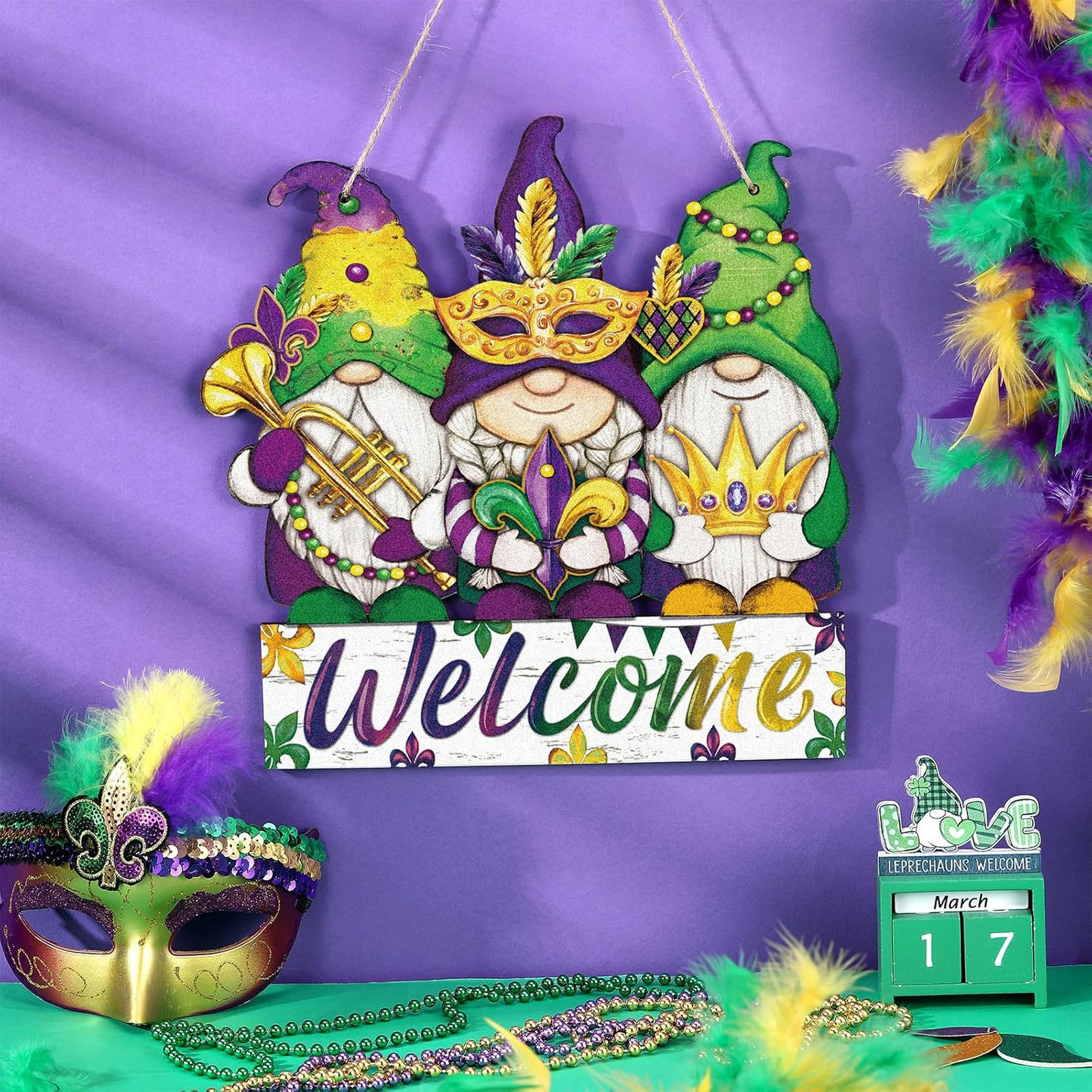 Mardi Gras Door Decor Gnome Wreath Wooden Welcome Sign Farmhouse Porch Wall