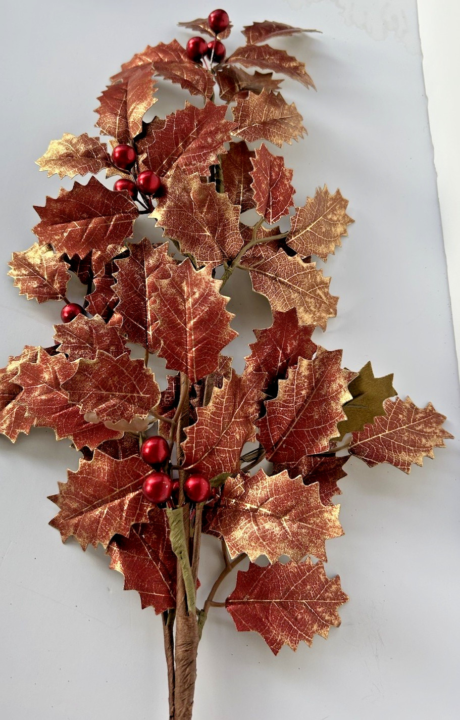 Copper Red Holly Spray 25″L Metallic Leaves Berries Stem Artificial Christmas
