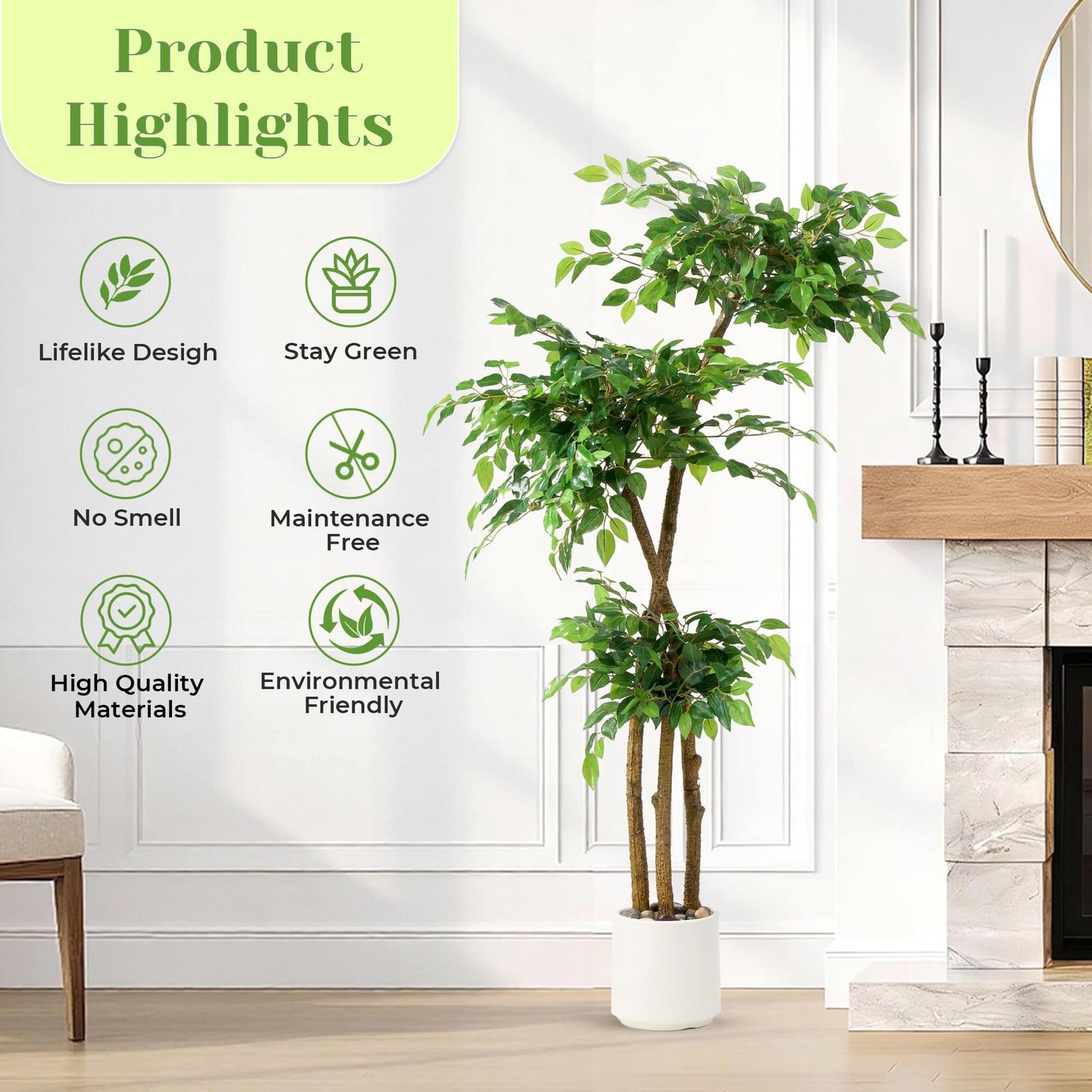 5FT Artificial Ficus Tree with White Planter and Pebbles,Faux Silk Tree with …