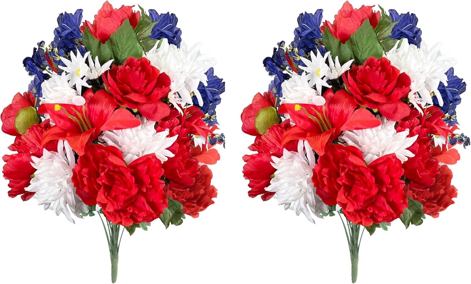 24 Stems 2Pcs Artificial Flower Peony Lily Mum Patriotic Memorial Bouquet Cemete