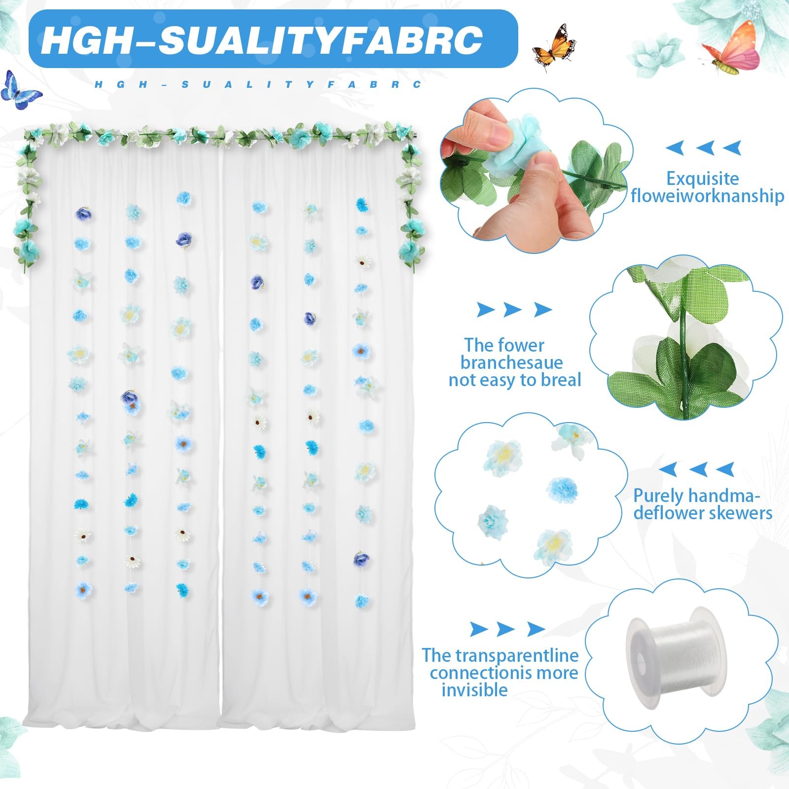 63 Pcs Flower Garland for Backdrop 2pcs 9.84 x 4.92 ft White Tulle Backdrop 1…