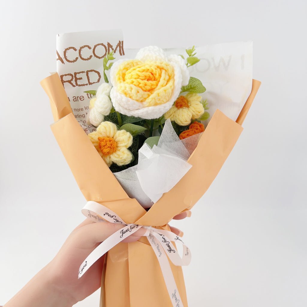 Rose Crochet Flowers Bouquet Knitted Flower Wrap with Light and Bag for Gift Hom