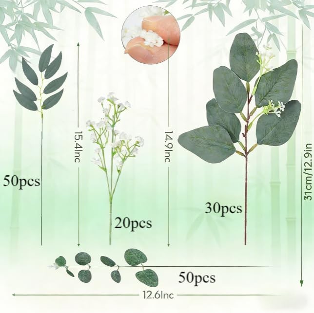 150 Pcs 4 Kinds Mixed Eucalyptus Greenery Stems, Baby Breath Flowers Artifici…