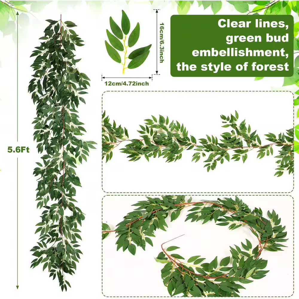 135 In. Green Artificial Willow Leaf Foliage Garland Indoor Outdoor Wedding Part