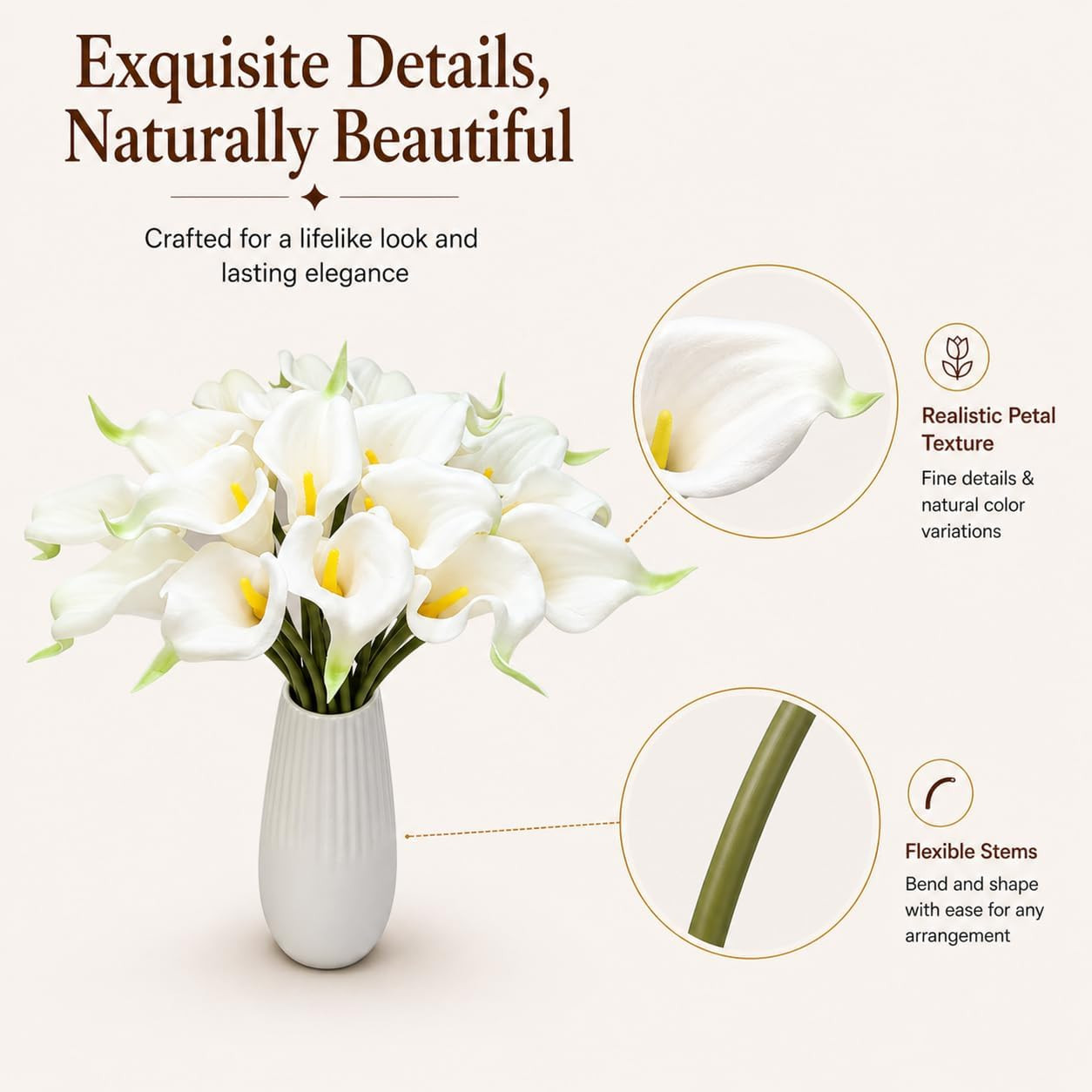 20Pcs White Calla Lily Artificial Flowers | 13.5 Inch PU Realistic Bouquet for V