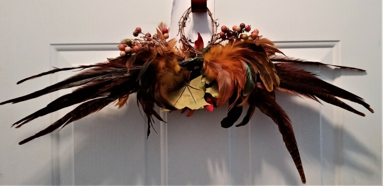 NWT Autumn Floral Wall Swag – Copper Feathers & Orange Sunflower – 27″W x 11″T