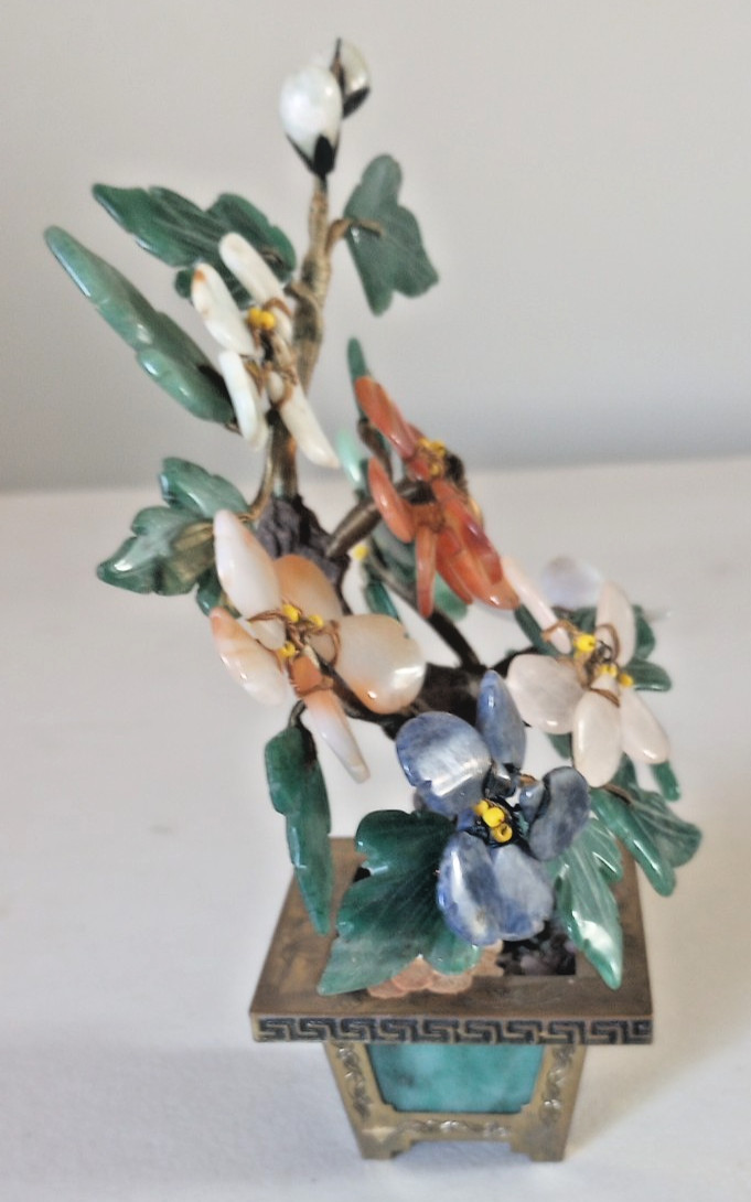 Vintage Carved Jade / Gemstone Bonsai Tree w/ Brass Base, Hong Kong, 7.5″H
