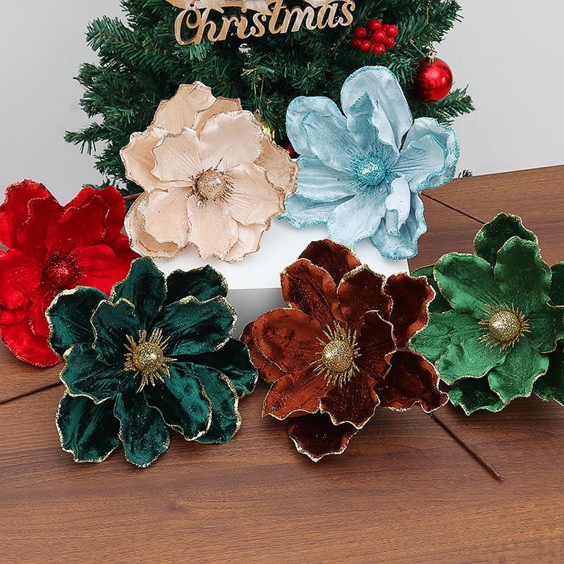6PCS Christmas Flower Tree Ornament Glitter Artificial Magnolia Flowers Velve…