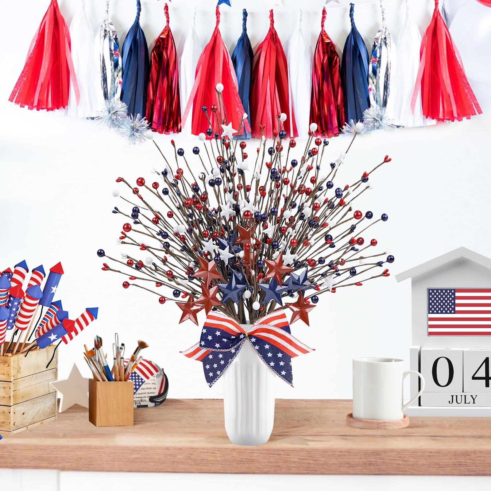 8 Pack Patriotic Artificial Berry Stem Picks,17.5” Red White Blue Stars with …