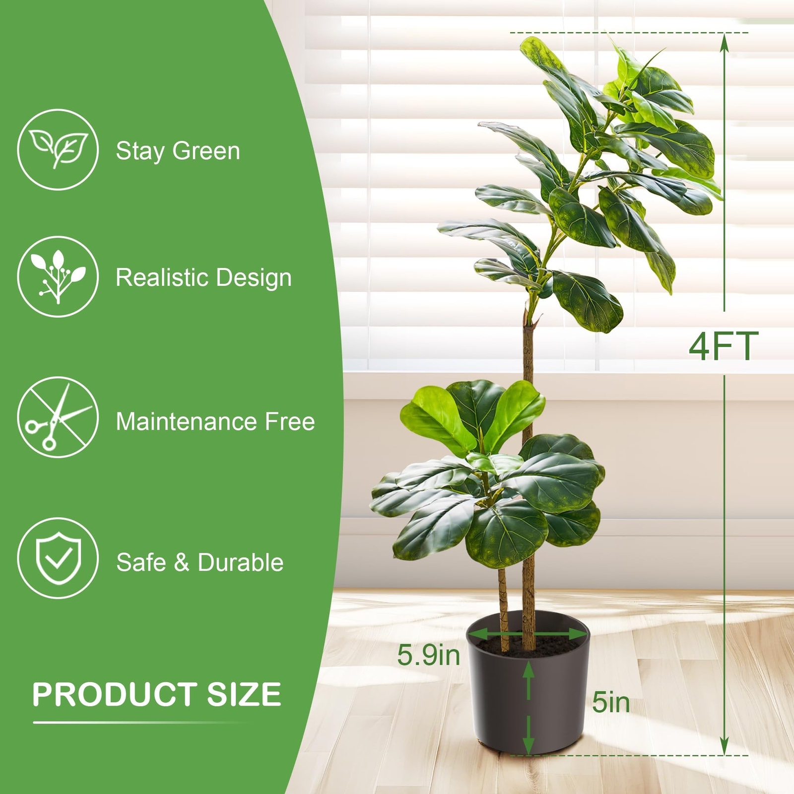 VECELO Artificial Fiddle Leaf Fig Tree 4FT(51in), Tall Fake Floor Plants with…