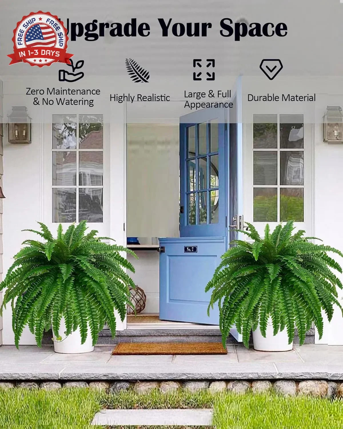 GYERB 48″ Large Artificial Boston Fern Plants for Outdoor Indoor, Fake Ferns for