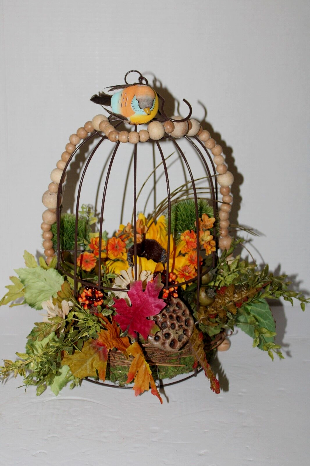 FALL AUTUMN FLOWER ARRANGEMENT BIRD CAGE CENTERPIECE 15”