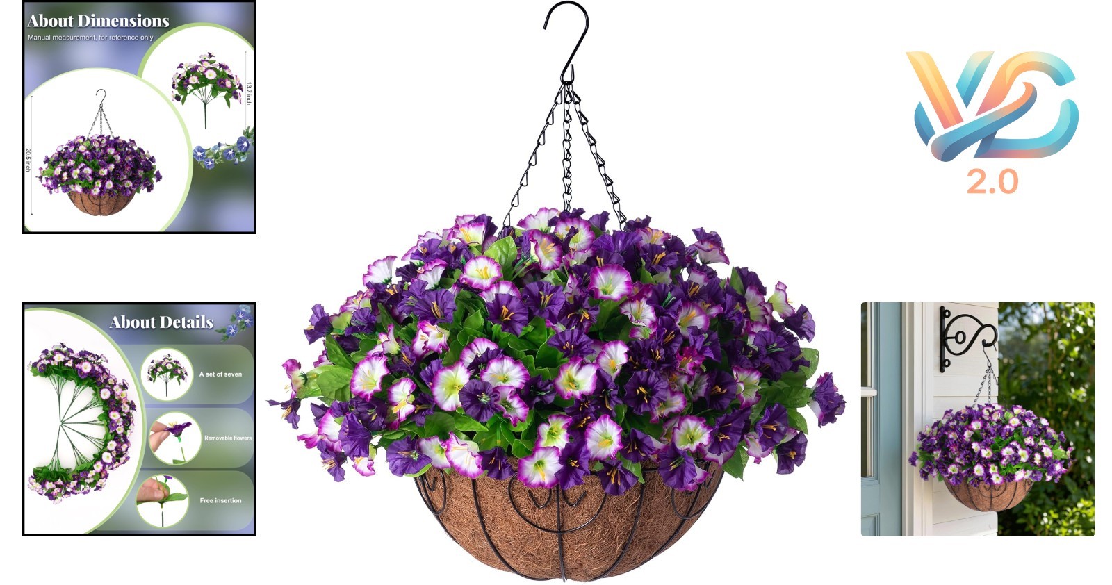 Artificial Hanging Flowers 12 Inch Basket Petunias Morning Glories Porch Deco…
