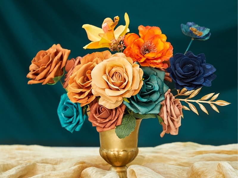 Teal Burnt Orange Artificial Silk Flowers Wedding Bridal Bouquet Party Decor