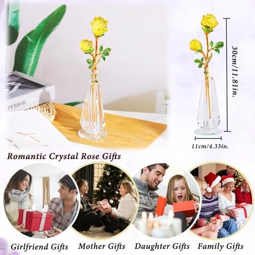 YWHL Handmade Yellow Rose Flower Crystal Figurine with Vase, Bouquet Glass Fl…