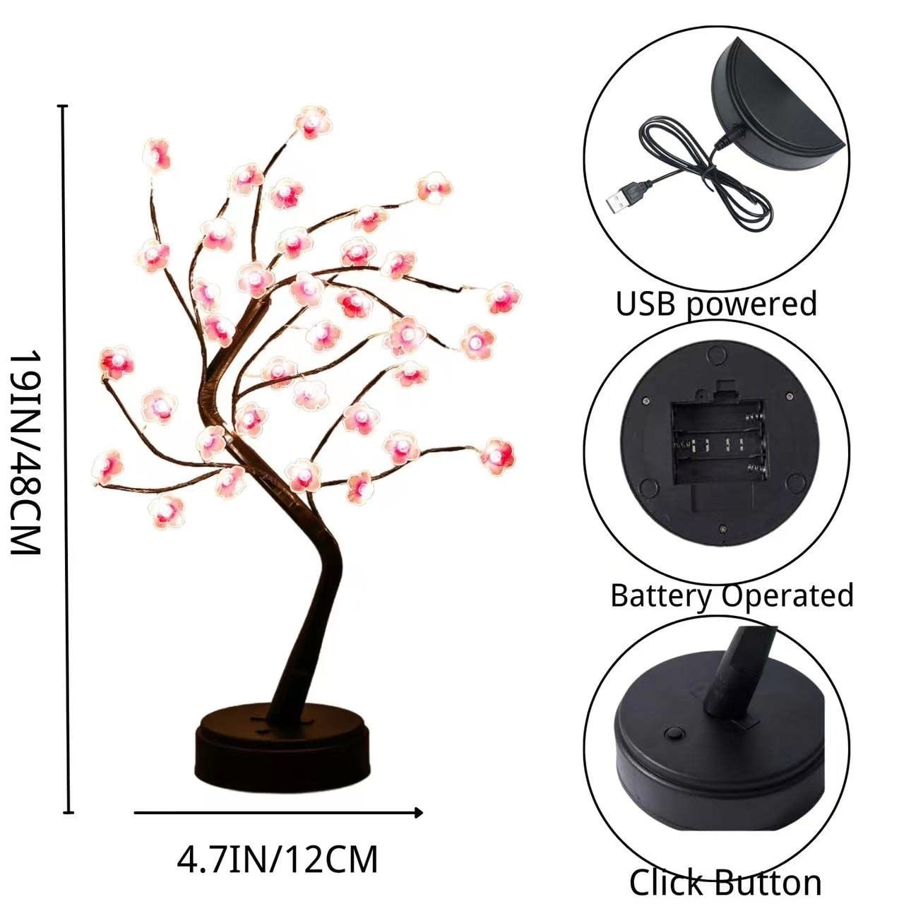 2 PCS Cherry Blossom Tree Lamp 18 Inch 36 LED Bonsai Lights USB Battery