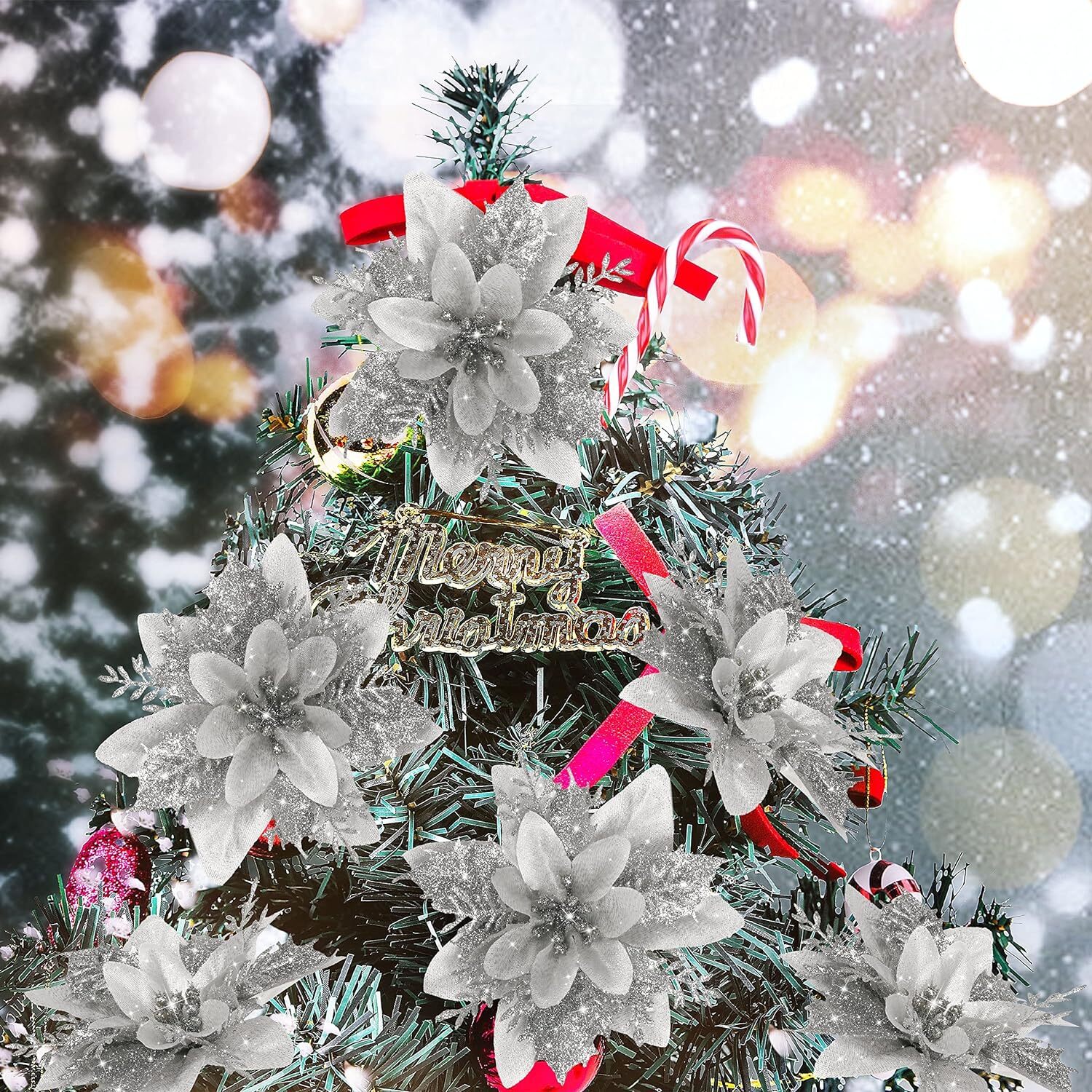 15 Silver Glitter Poinsettia Clips with Stems – Christmas Tree Decorations and D