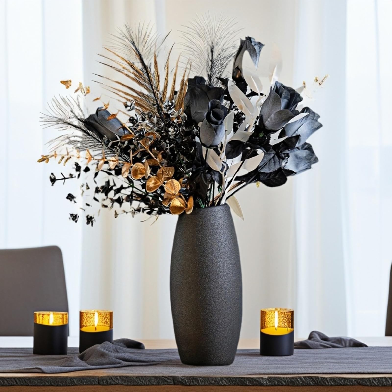 17 Inch Black Gold Artificial Rose Bouquet Metallic Eucalyptus Faux Silk
