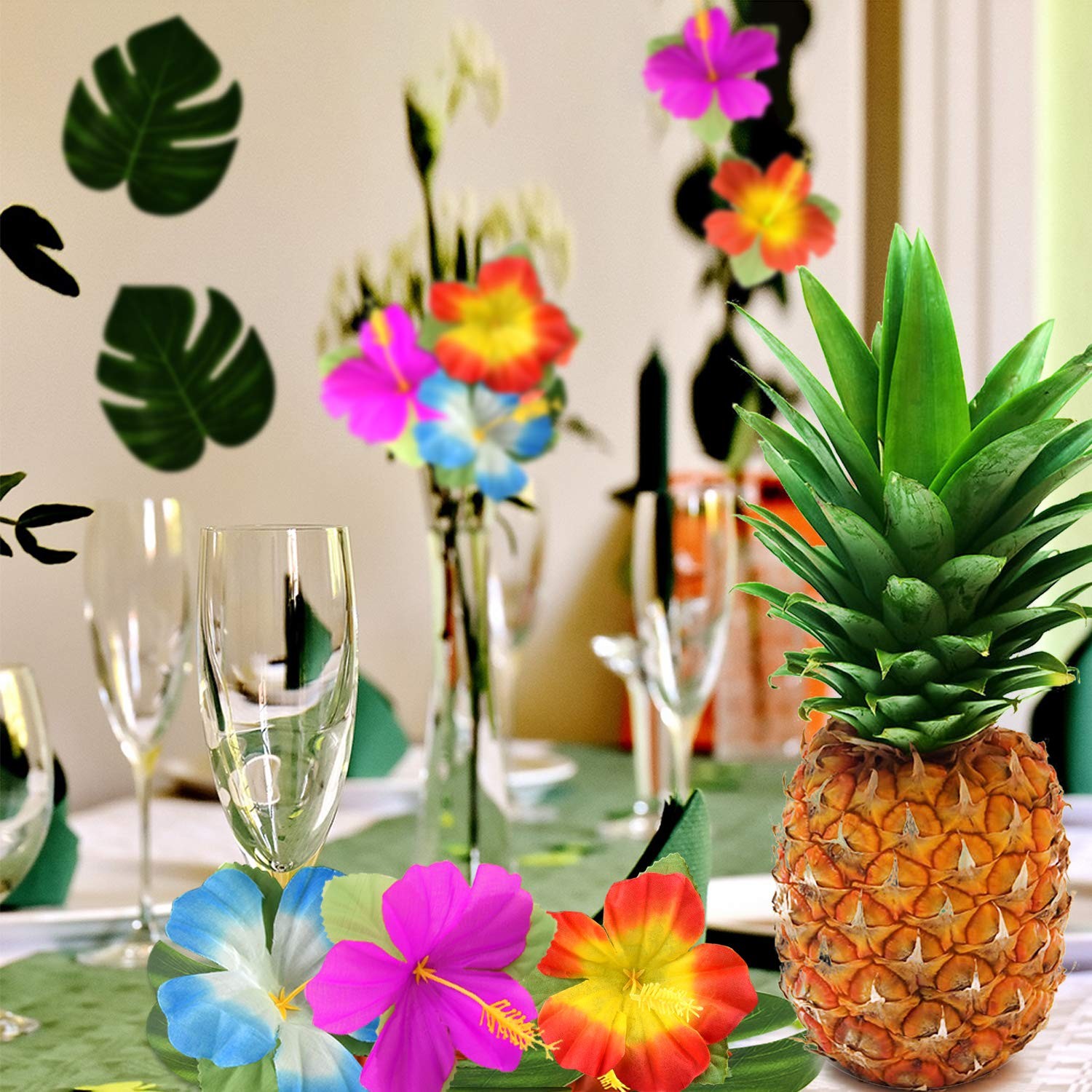 60 PCS Artificial Hibiscus Flowers Tropical Palm Leaves Luau Party Decor