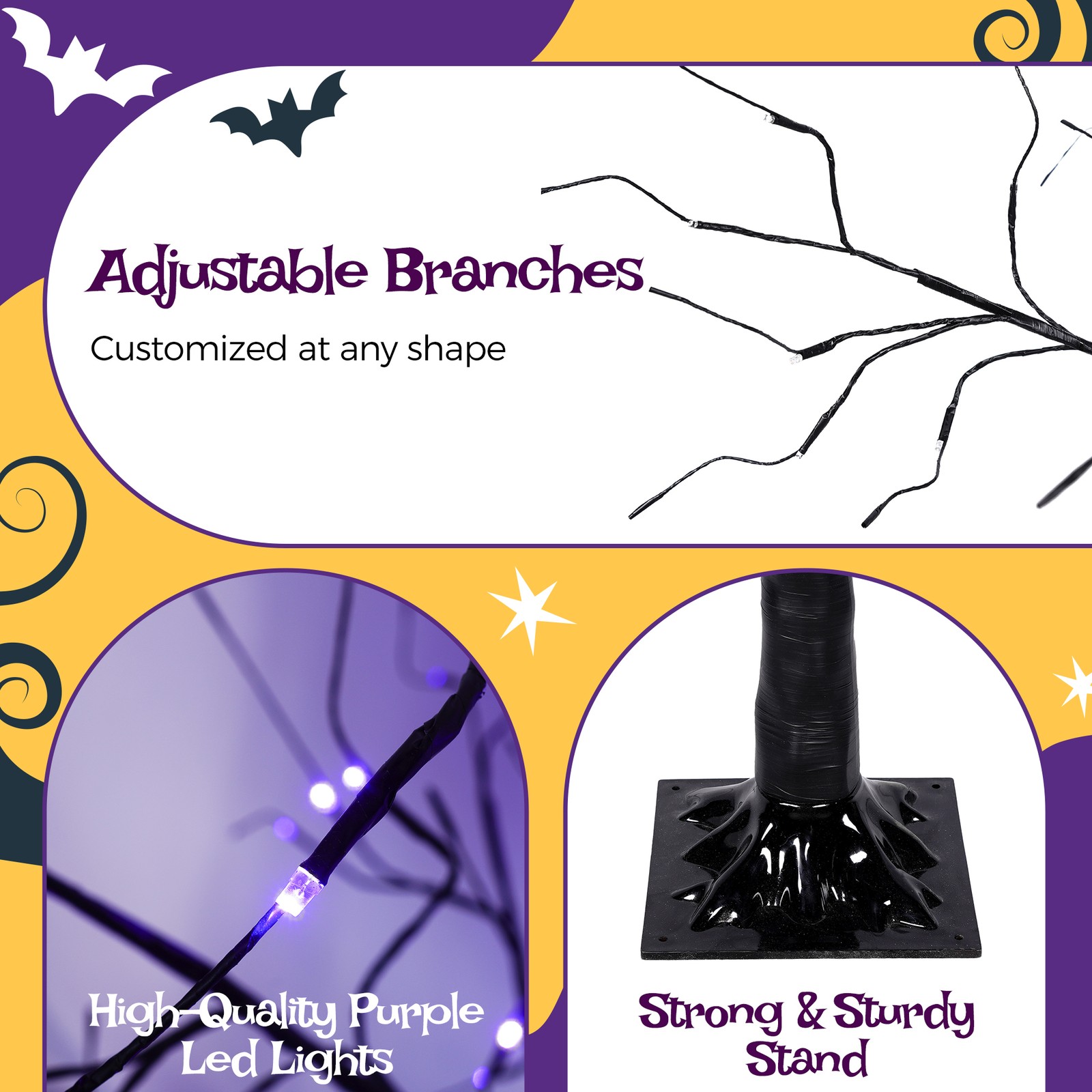 3 Pac Halloween Spooky Tree with Purple Lights, 4FT 5FT and 6FT, Lighted Tree