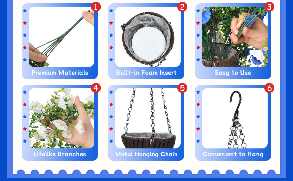 12 Pcs Red White Blue Artificial Hanging Flowers Outdoor with 2 Baskets 250th