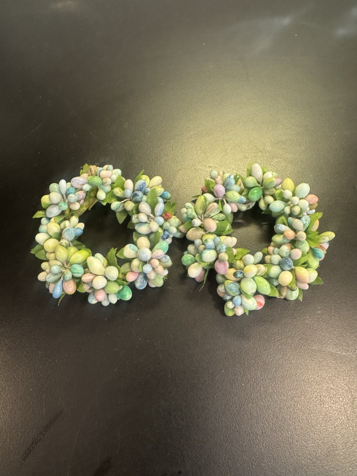 2 Country Primitive Cream & Pink & Blue & Green Floral Mini Wreath Rings