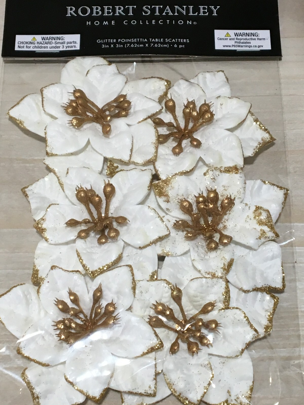 NEW ROBERT STANLEY 3″ GLITTER WHITE POINSETTIA TABLE SCATTER FILLER PACK OF 6