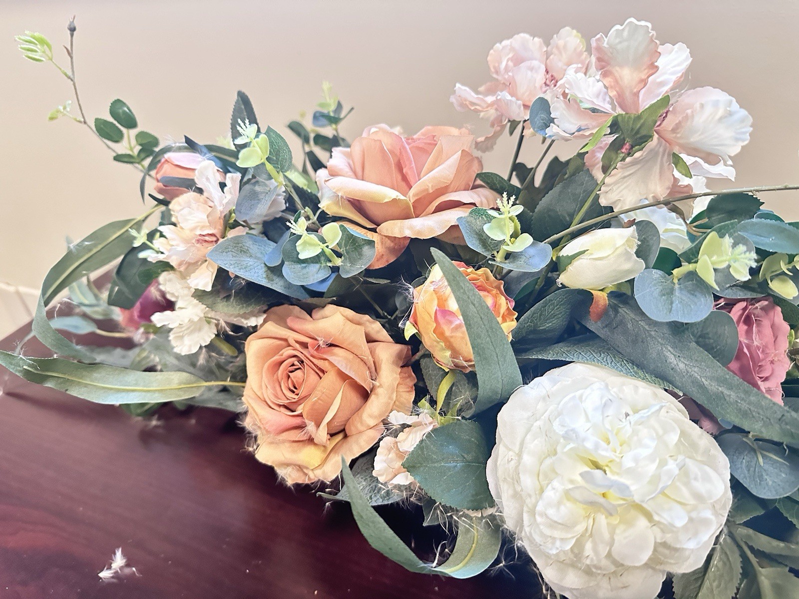 Romantic French Garden Faux Floral Centerpiece Peach Roses White Peonies