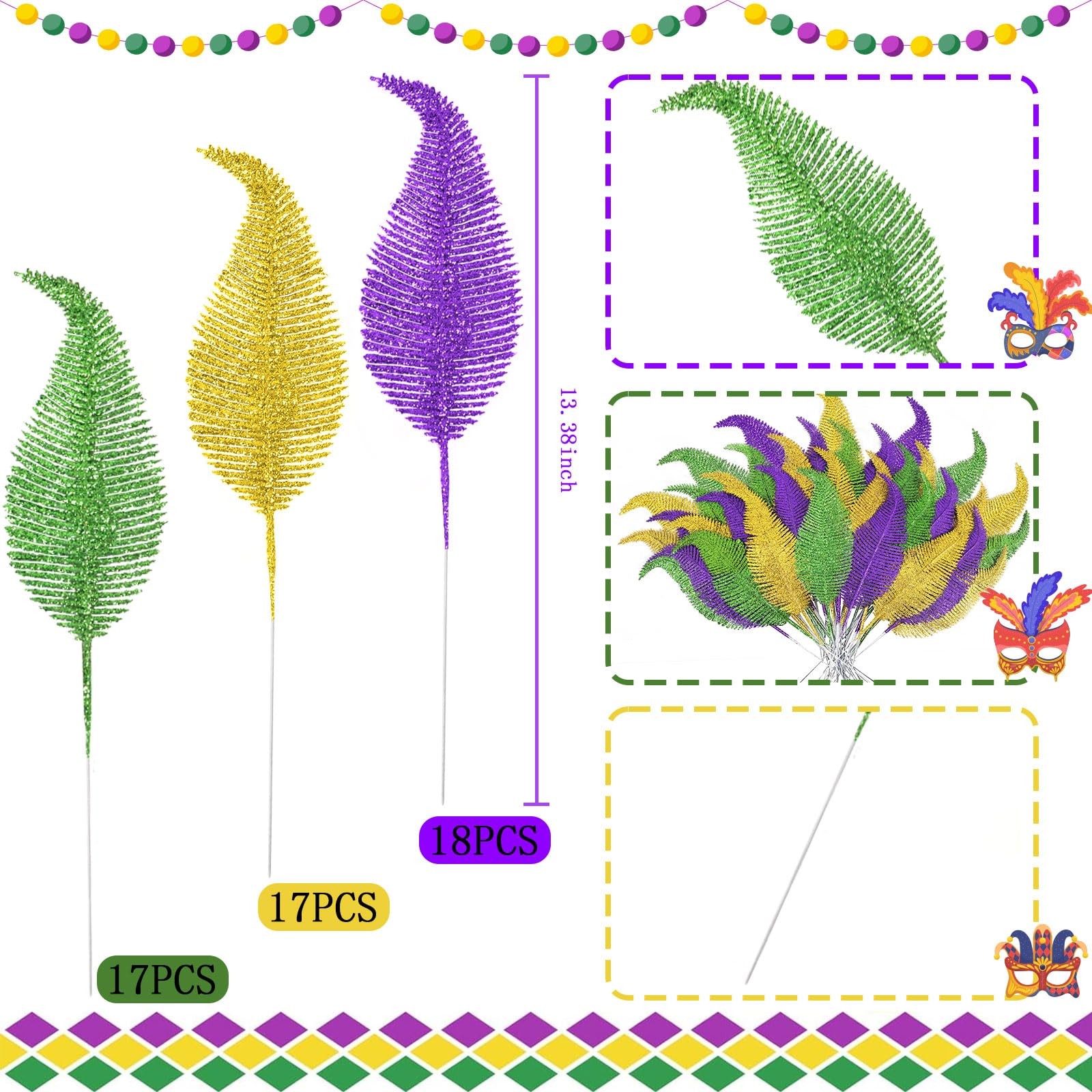 Mardi Gras Decorations 52Pcs Green Gold Purple Feathers for Party Centerpieces