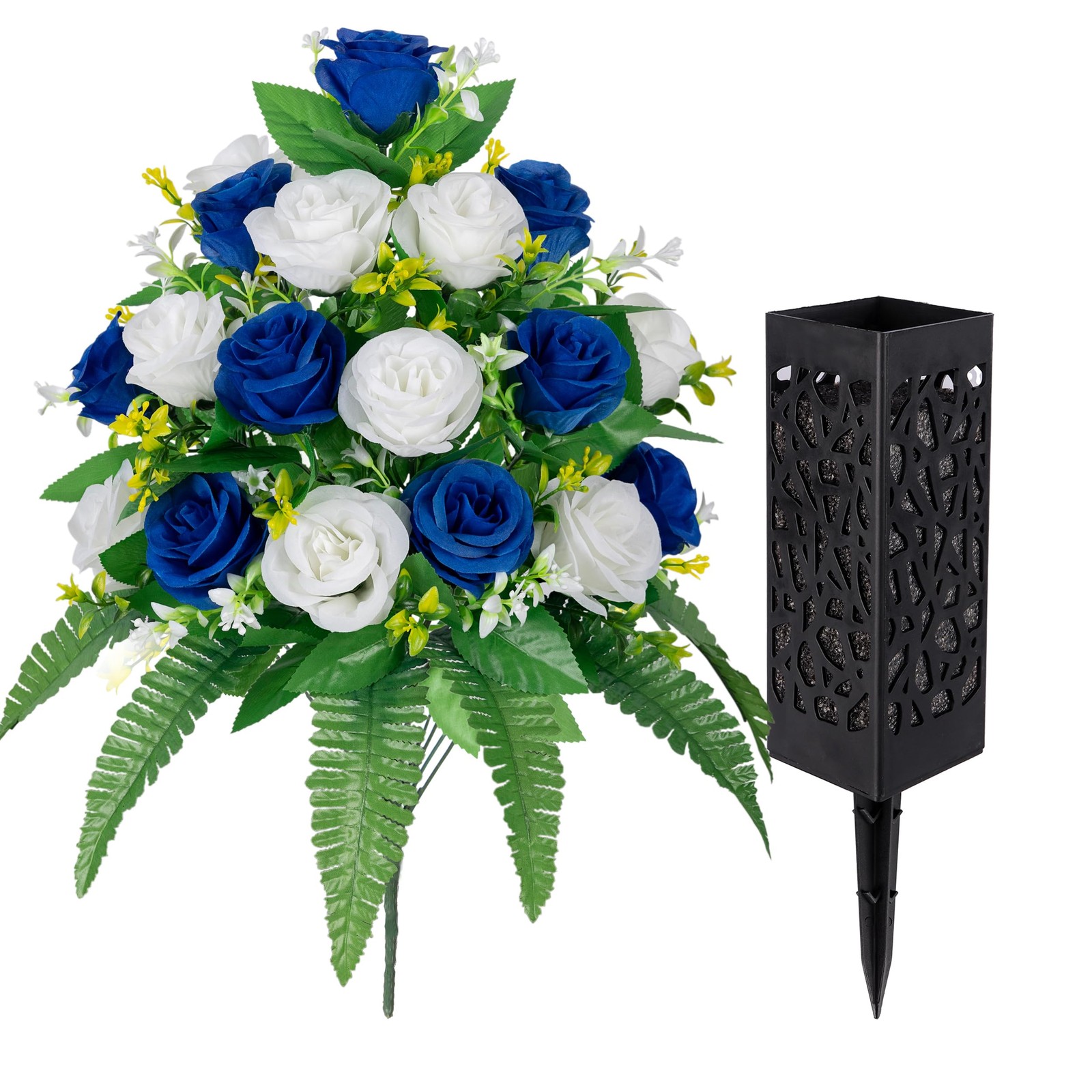 Dark Blue White Artificial Silk Rose Cemetery Grave Flowers 2 Bouquets